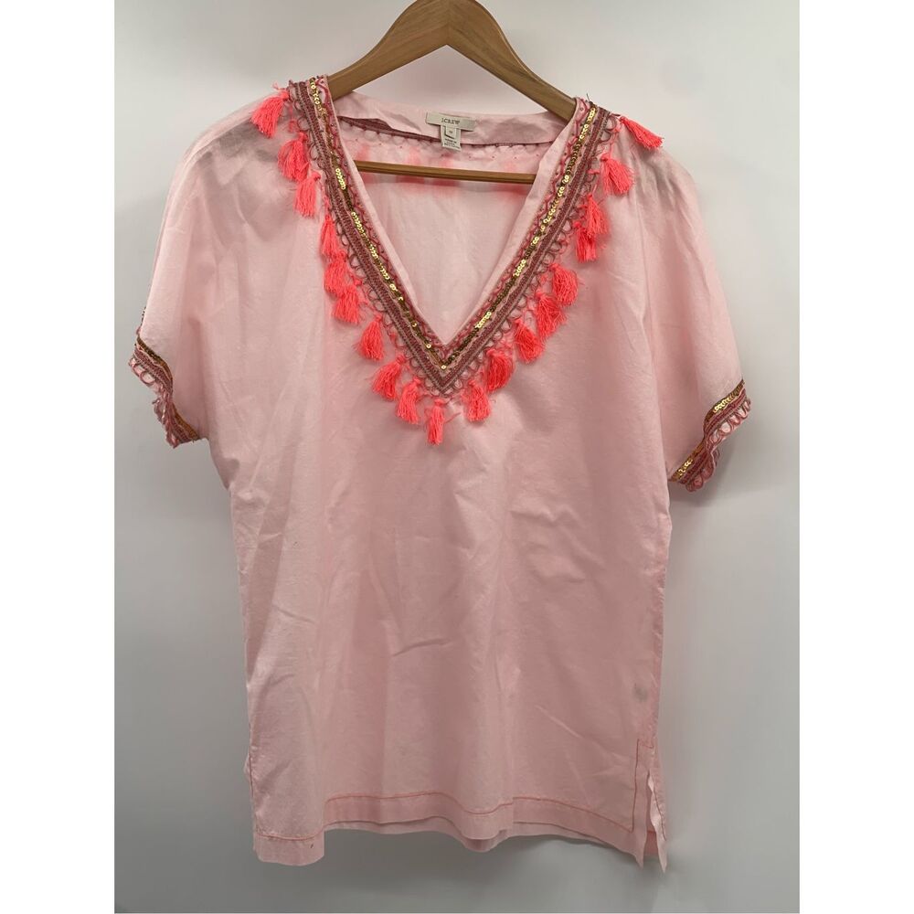 J. Crew Blouse Top Women Large 12 Pink Tassels Embellishment Short Sleeve V Neck